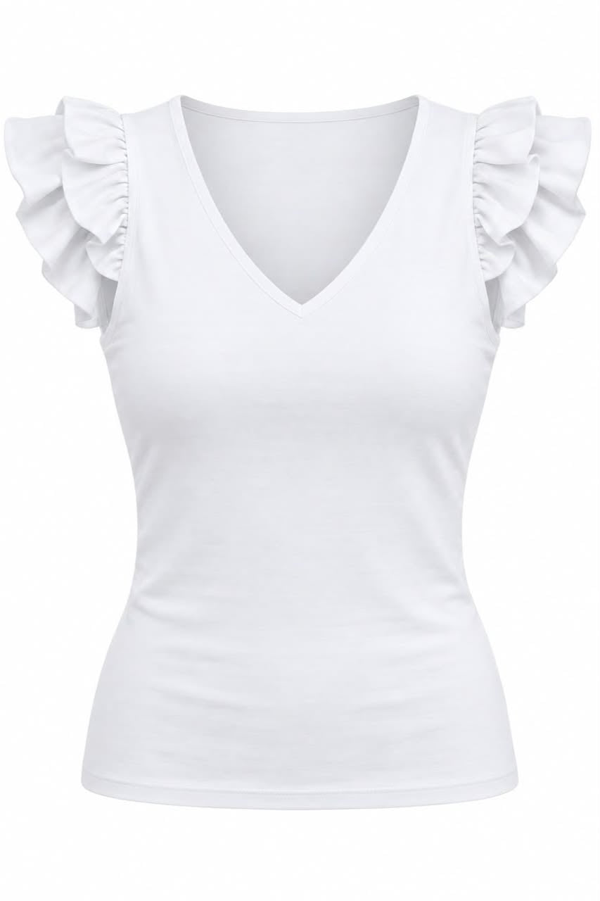 A white women's short-sleeve top with a V-neckline and ruffled cap sleeves, shown on a plain white background.