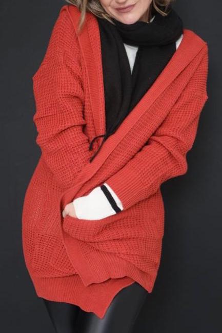 Burnt Red Orange Hoodie Cardi Knit