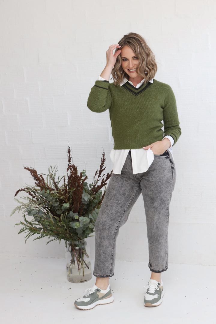 Kale Green Shimmer V-Neck Knit