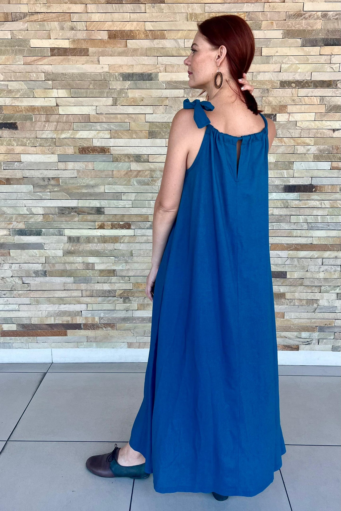 Lelane Halterneck Dress Rayon Linen Blue