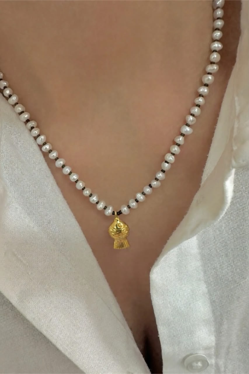 Pearl Necklace With Gold Fish Pendant
