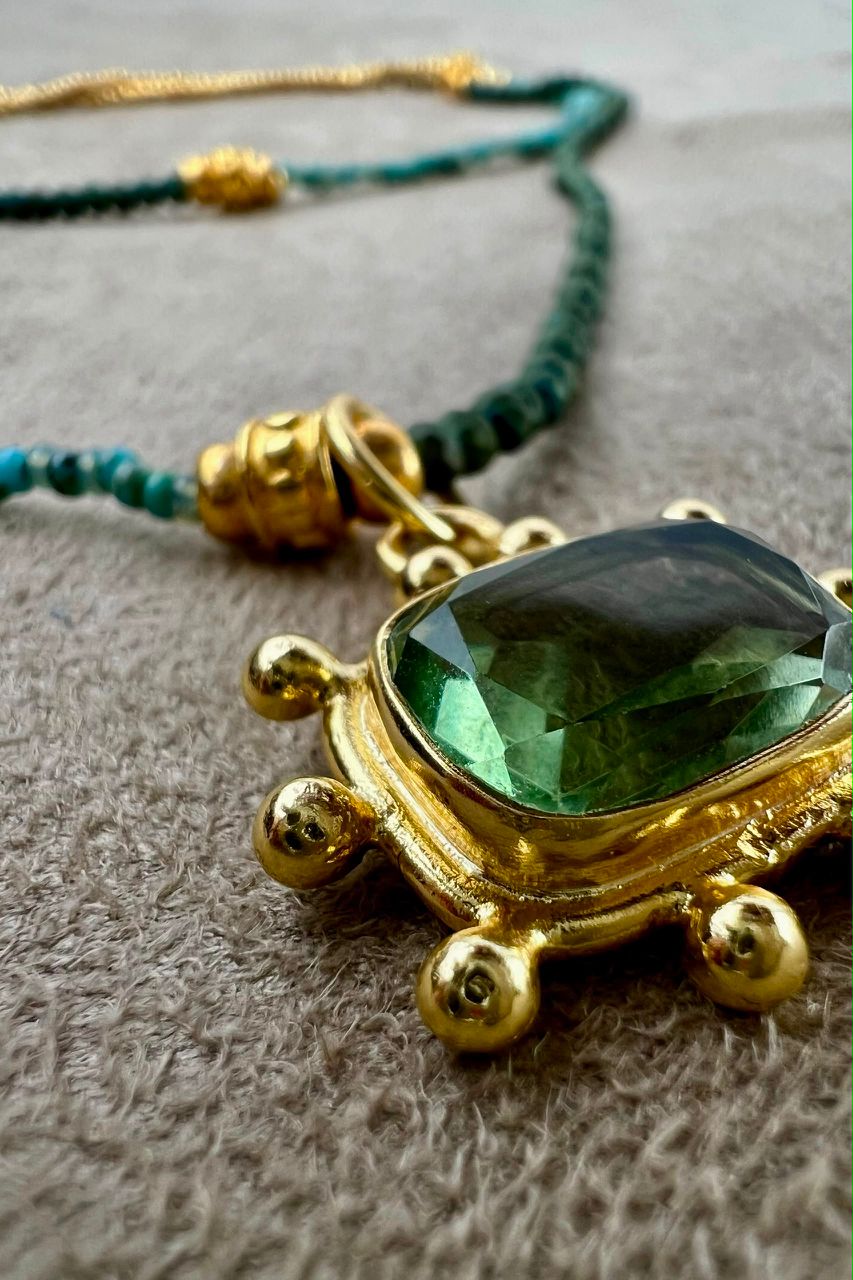 Long Green and Gold Beaded Necklace