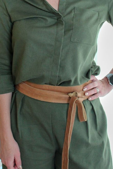 genuine leather wrap around belt and ties in the front. comes in a variety of colours