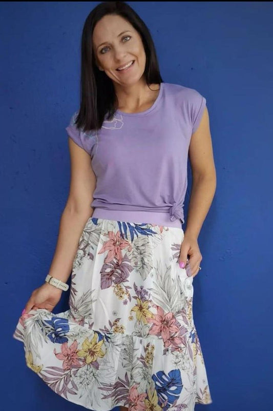 beautiful floral knee length skirt with lavender waistband perfect for summer