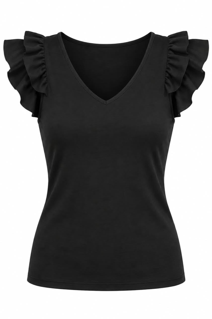 A black women's V-neck top with ruffled cap sleeves, shown against a plain white background.