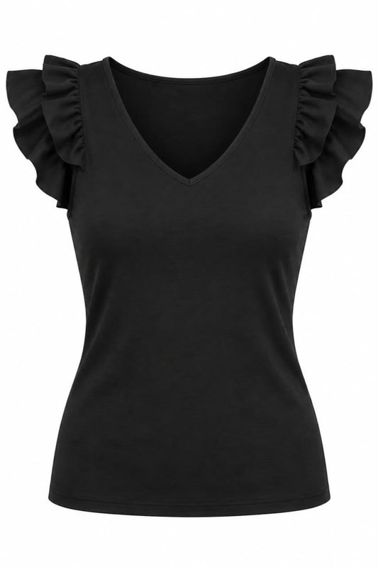 A black women's V-neck top with ruffled cap sleeves, shown against a plain white background.