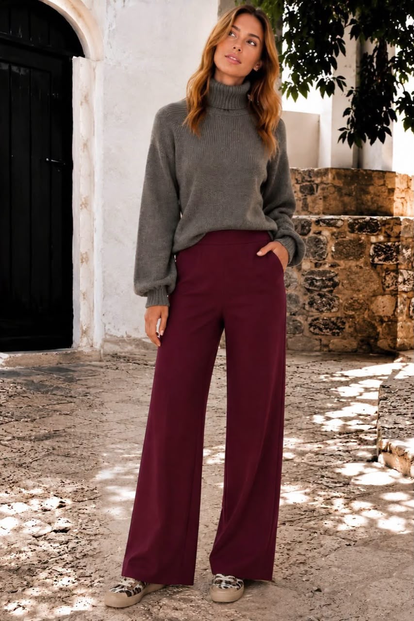 Burgundy Bengaline Wide Leg Pants