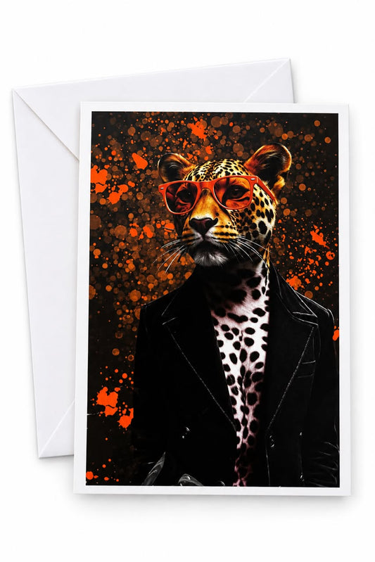A greeting card with a white envelope behind it, featuring a stylized portrait of a leopard dressed in a black blazer and sunglasses against a dark splattered background.