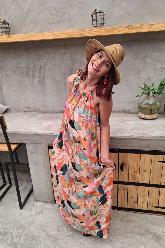 Lelane Halterneck Dress Peach Floral