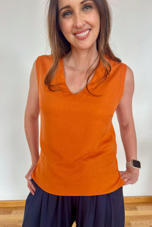 V-Neck Linen Vest Amber Glow