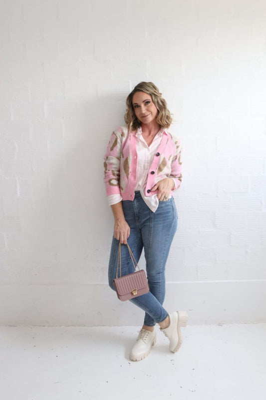 Baby Pink & Cream Pattern Cardi Knit