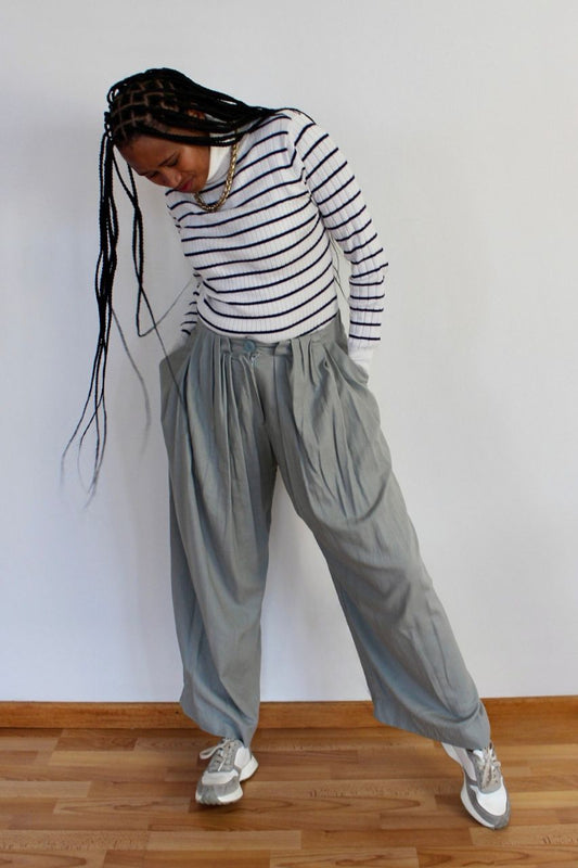 High Waisted Wider Leg Pleat Pants Grey Rock