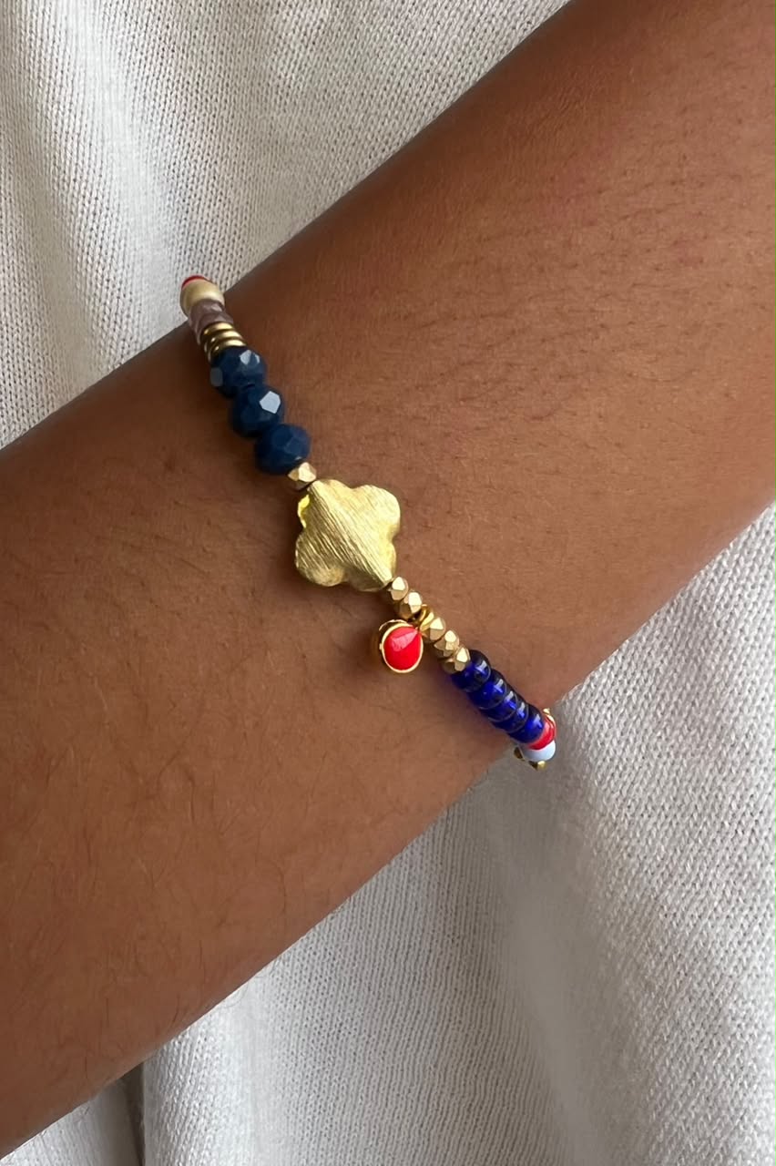 Beaded Navy and Red Bracelet with Brass Flower Bead