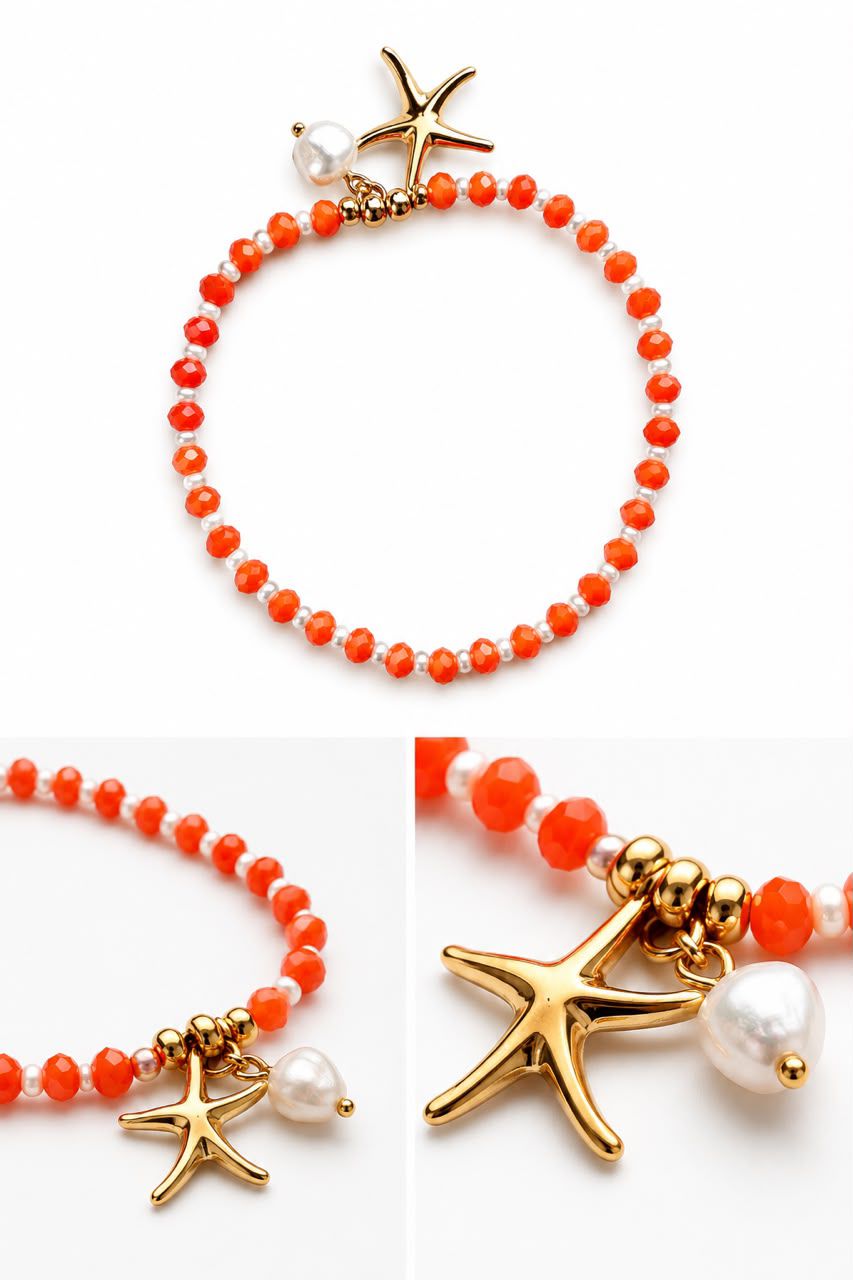 Beaded Starfish and Pearl Charms Bracelet