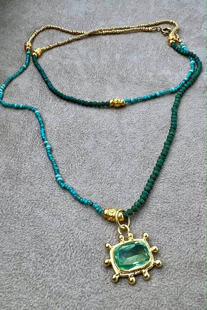 Long Green and Gold Beaded Necklace