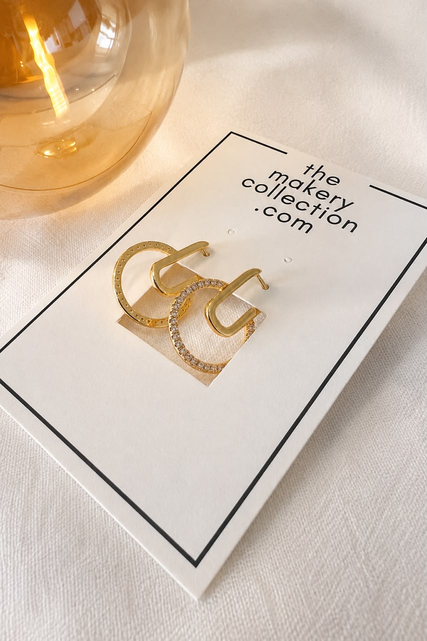 Gold And Sparkling Hanging Ring Earrings