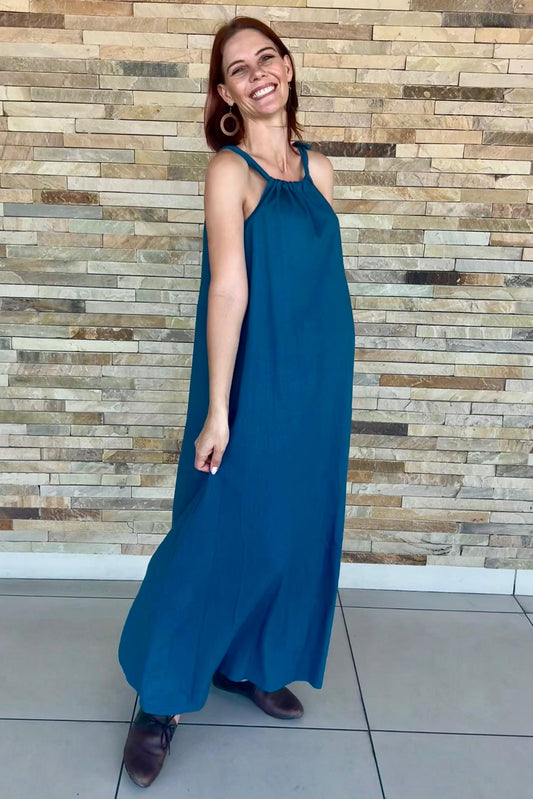 Lelane Halterneck Dress Rayon Linen Blue