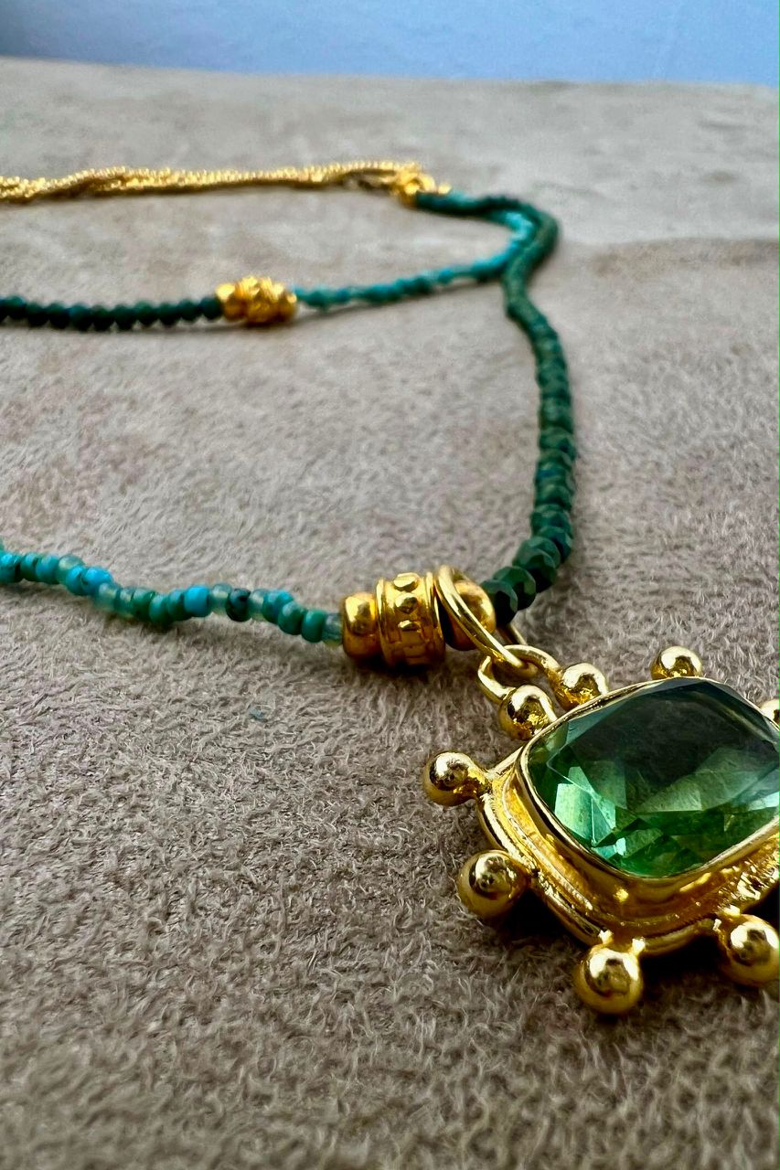 Long Green and Gold Beaded Necklace