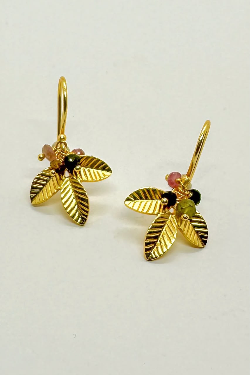 Gold Leaf And Tourmaline Bead Cluster Earrings