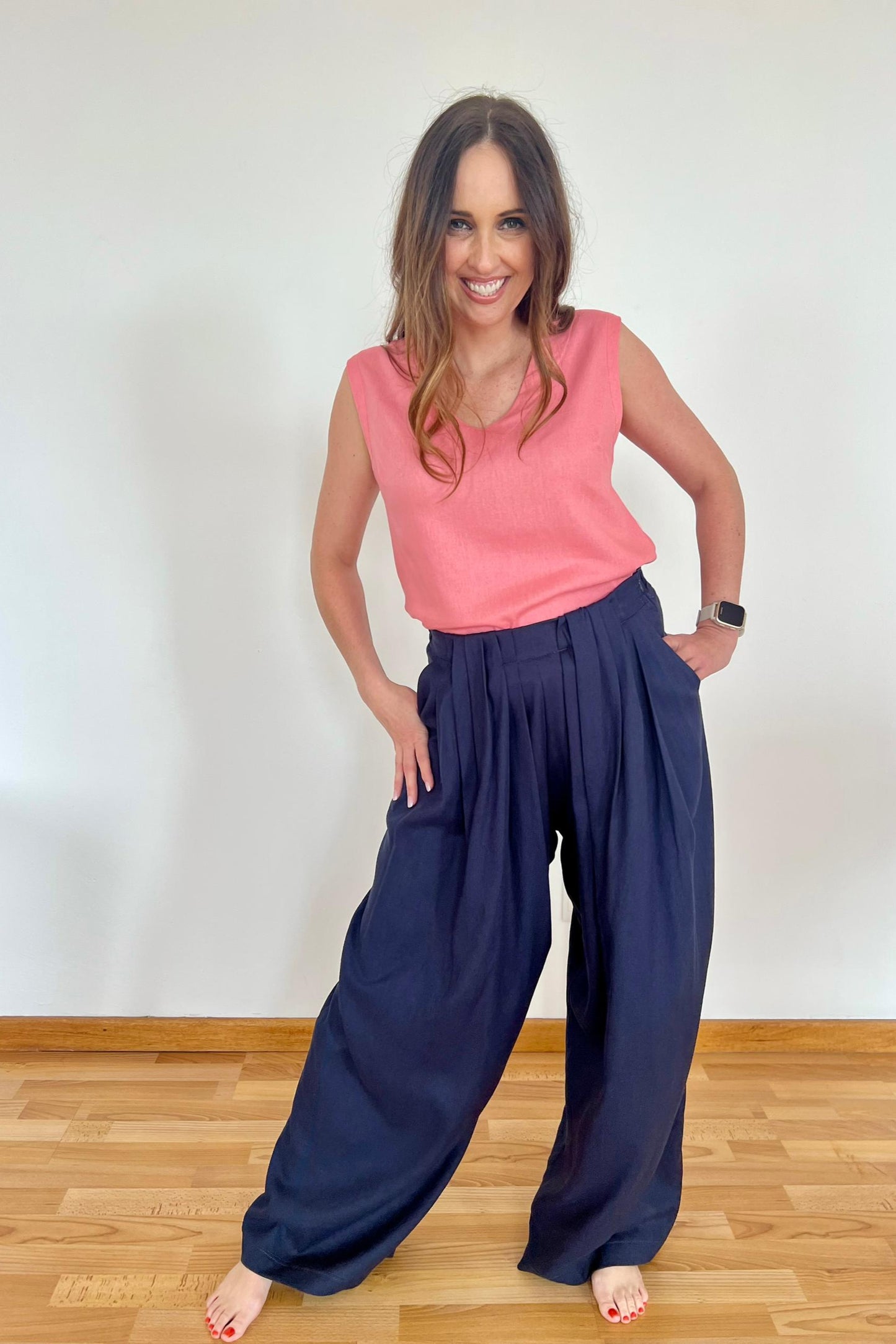 High Waisted Wide Leg Pleat Pants Navy