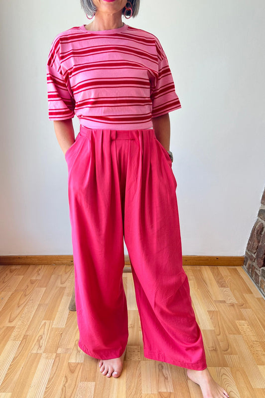 High Waisted Wide Leg Pleat Pants Cherise Pink