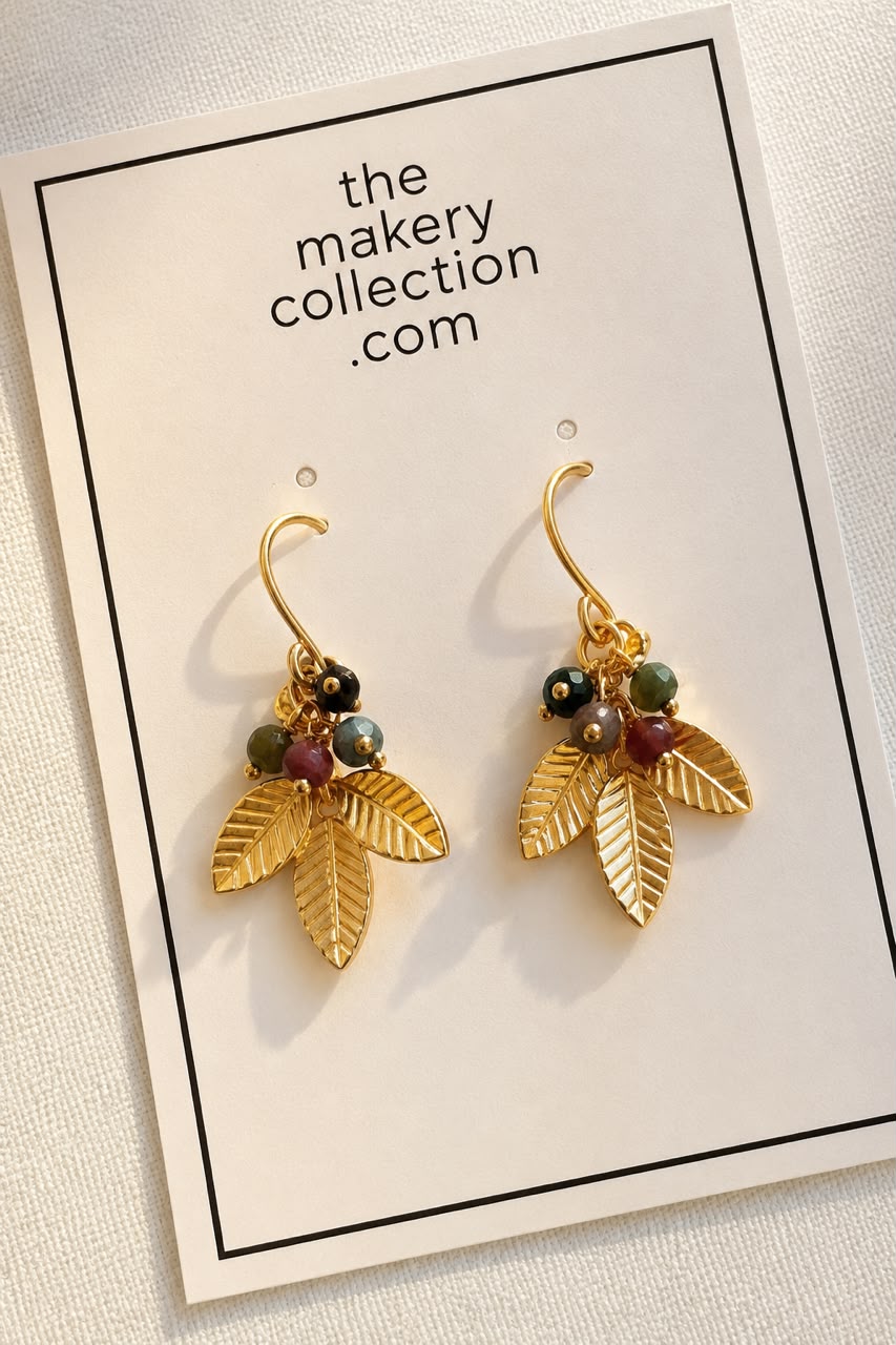 Gold Leaf And Tourmaline Bead Cluster Earrings