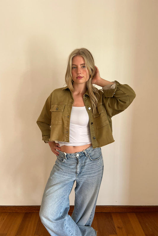 Khaki Distressed Denim Jacket