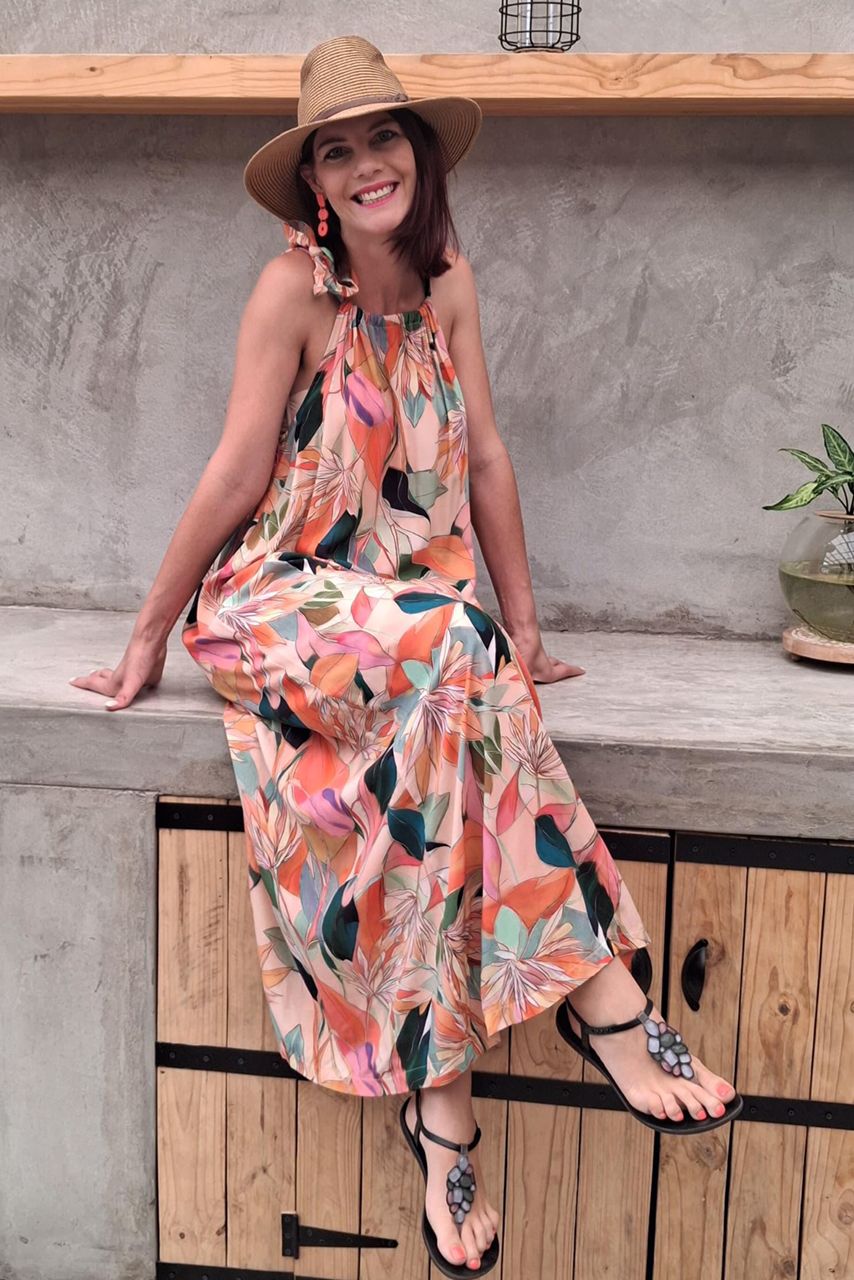 Lelane Halterneck Dress Peach Floral