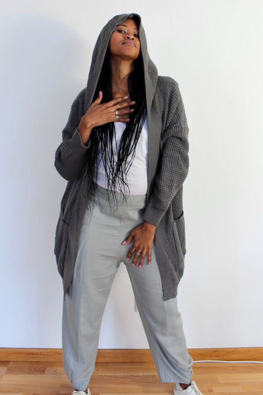 Grey Hoodie Cardi Knit