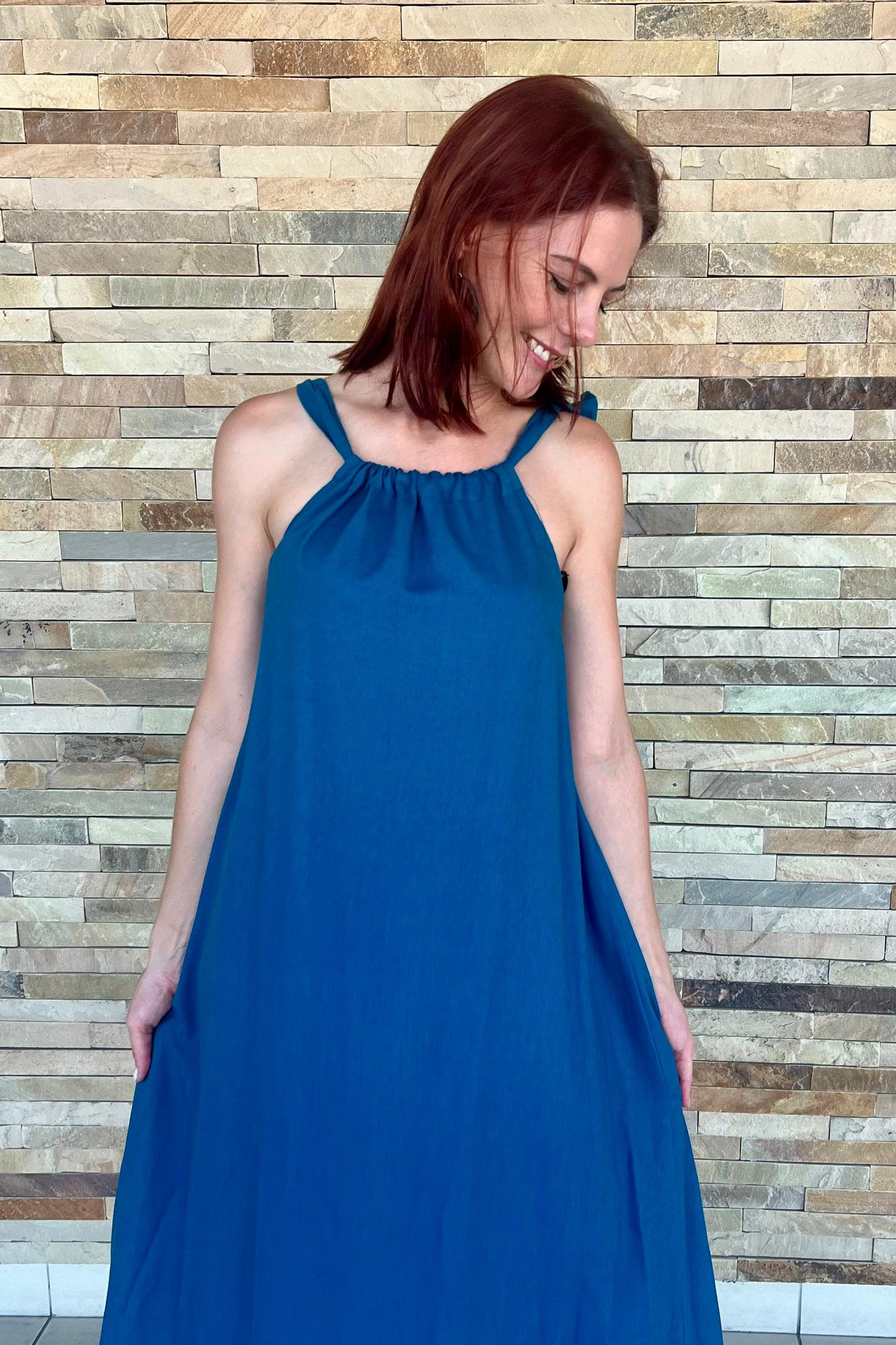 Lelane Halterneck Dress Rayon Linen Blue