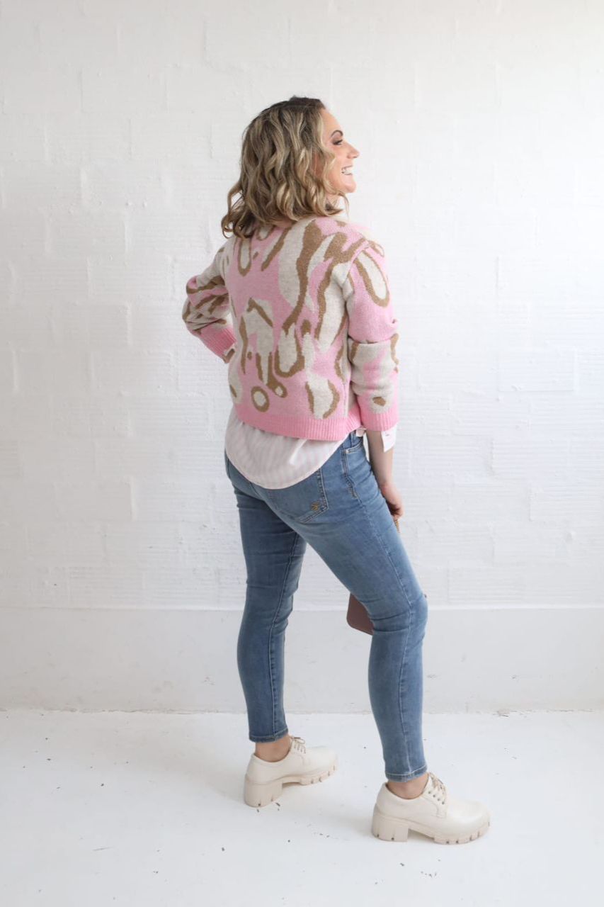 Baby Pink & Cream Pattern Cardi Knit