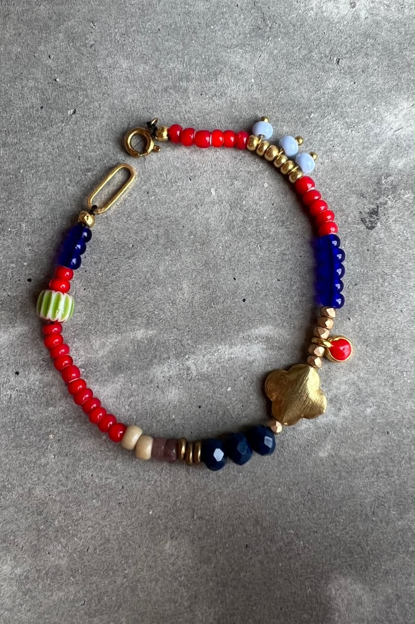 Beaded Navy and Red Bracelet with Brass Flower Bead