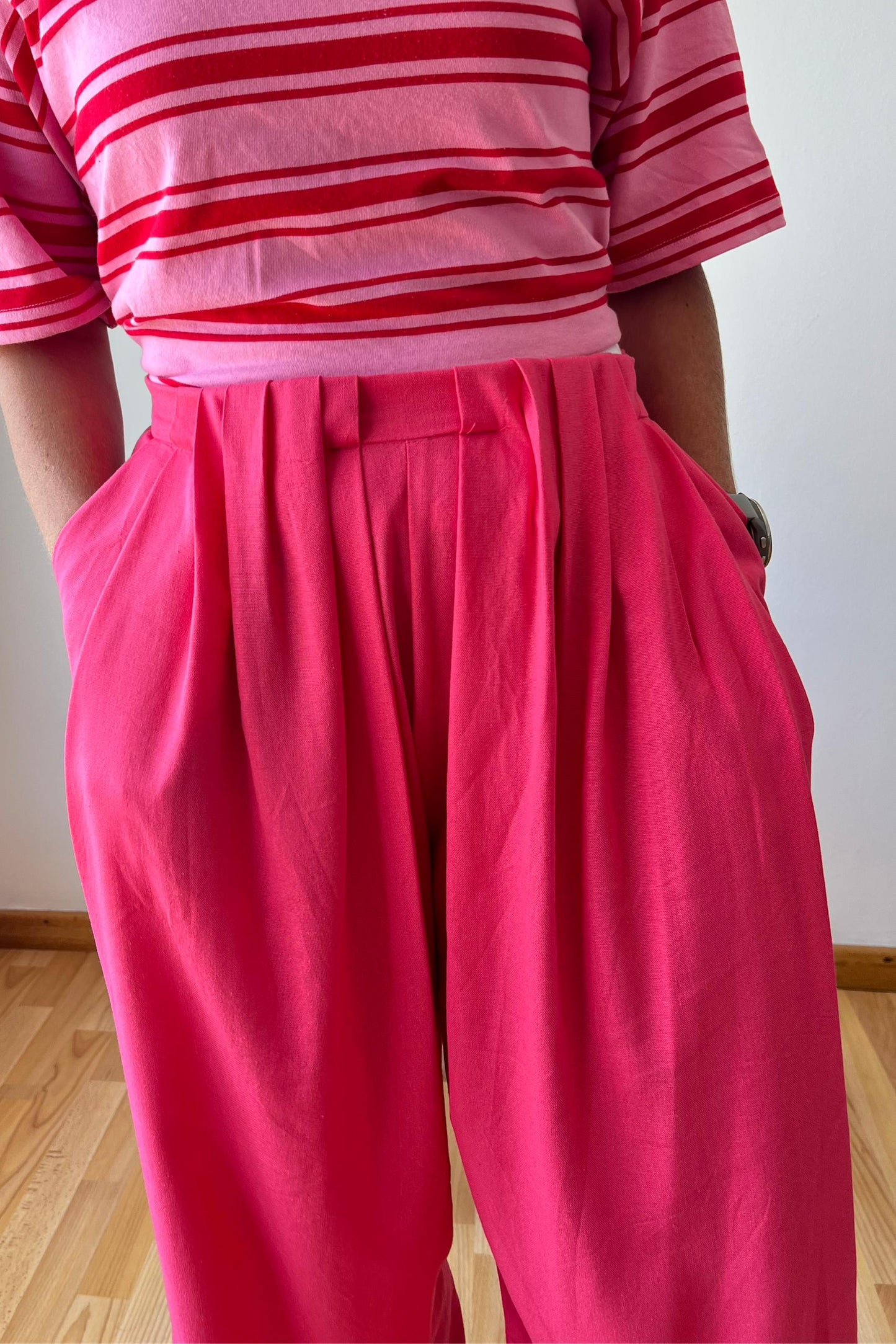 High Waisted Wide Leg Pleat Pants Cherise Pink