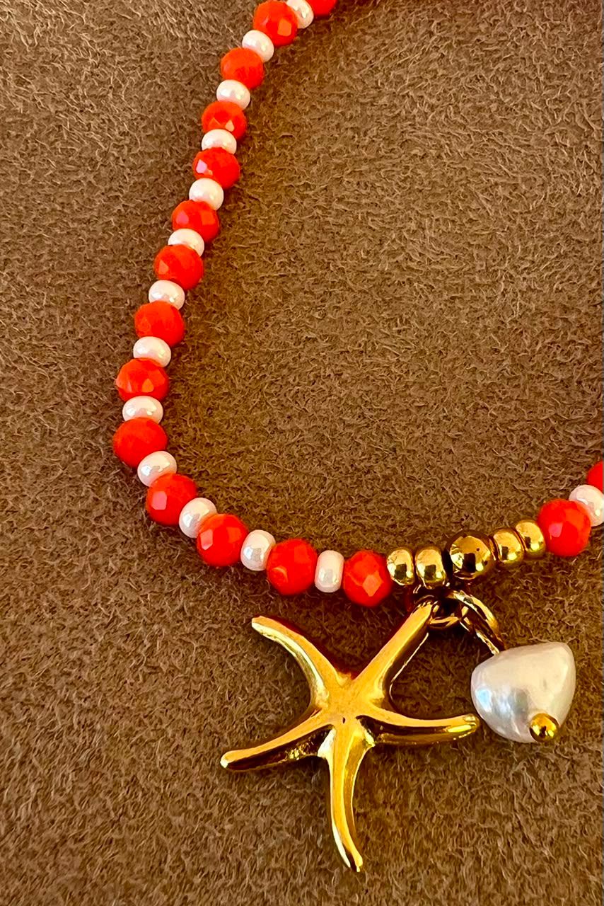Beaded Starfish and Pearl Charms Bracelet